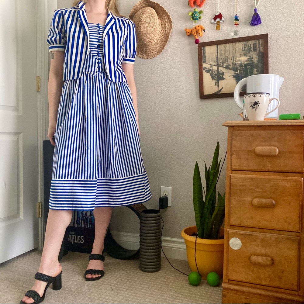 VTG 60s Lanz blue and white striped dress and cropped shirt set